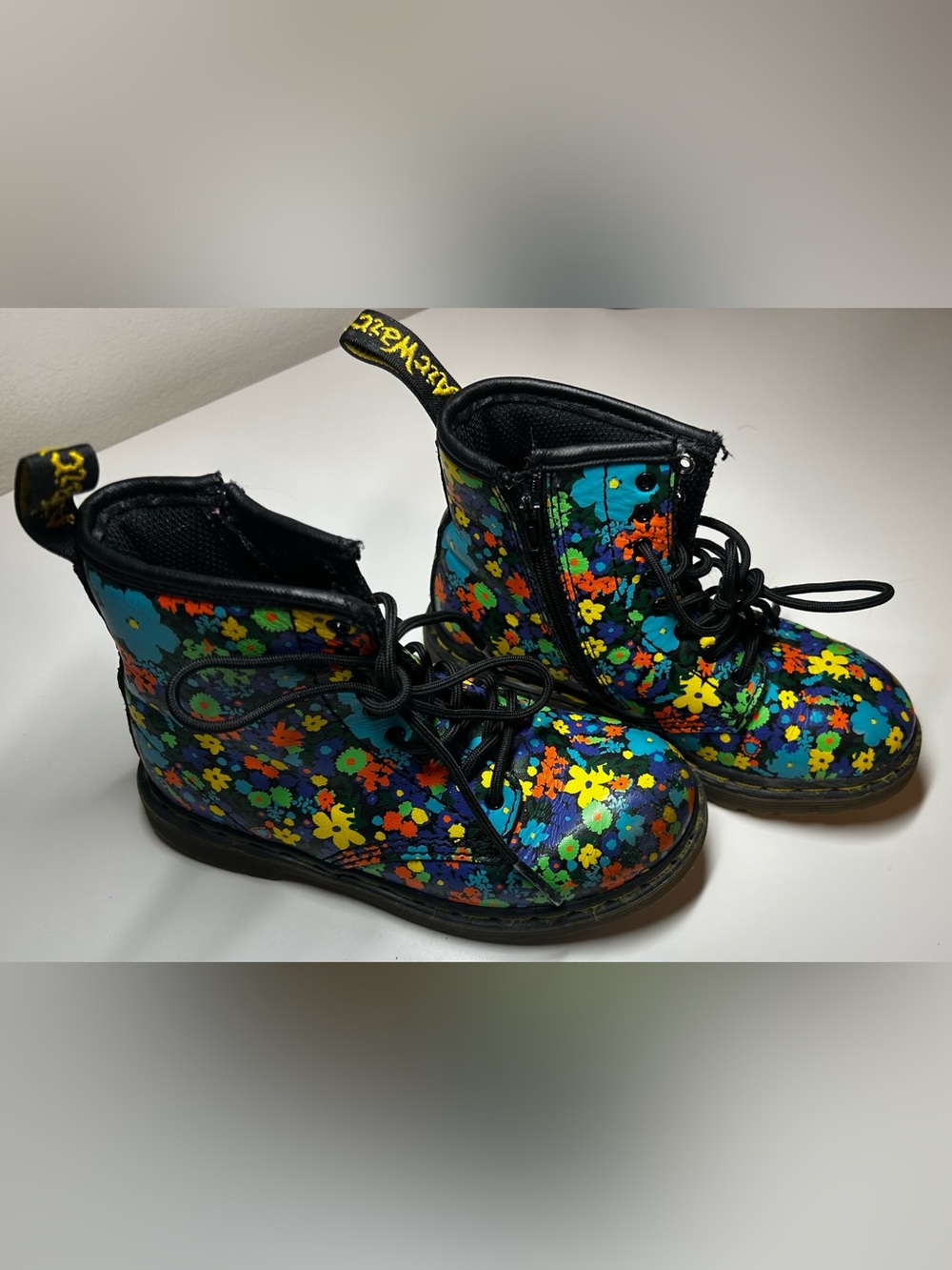 Dr. Martens Kids Floral Combat Boots - Black with Multi-Color Flowers